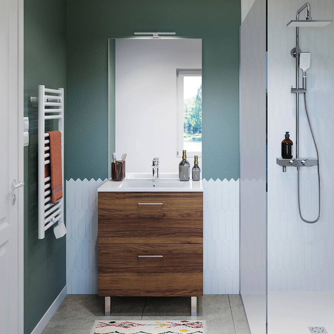 Salle de bain DISCAC Chango : meuble suspendu en noyer brun, vasque blanche et miroir