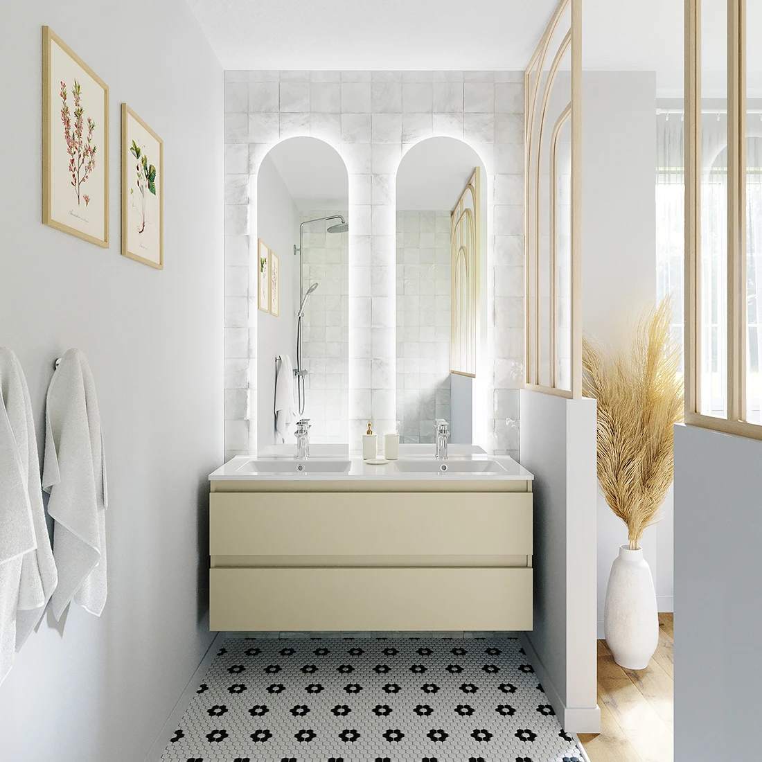 Salle de bain DISCAC Rivage : meuble suspendu sauge et miroir aux angles arrondis