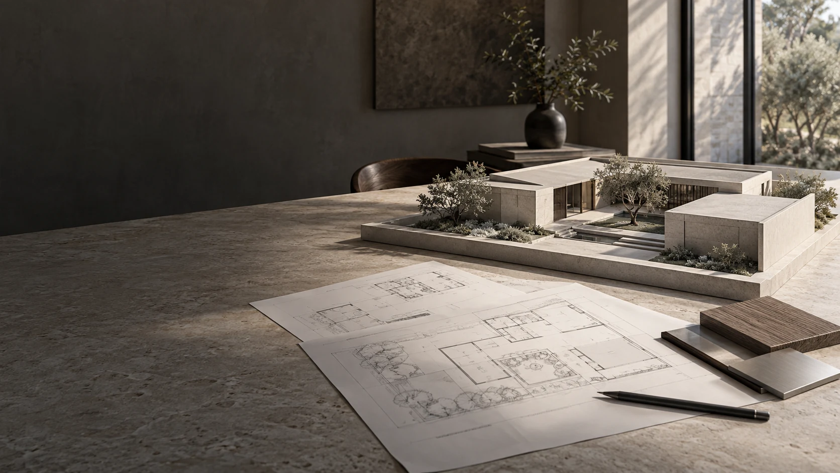 Maquette de maison contemporaine, plans et échantillons de matériaux dans un studio — illustration générée