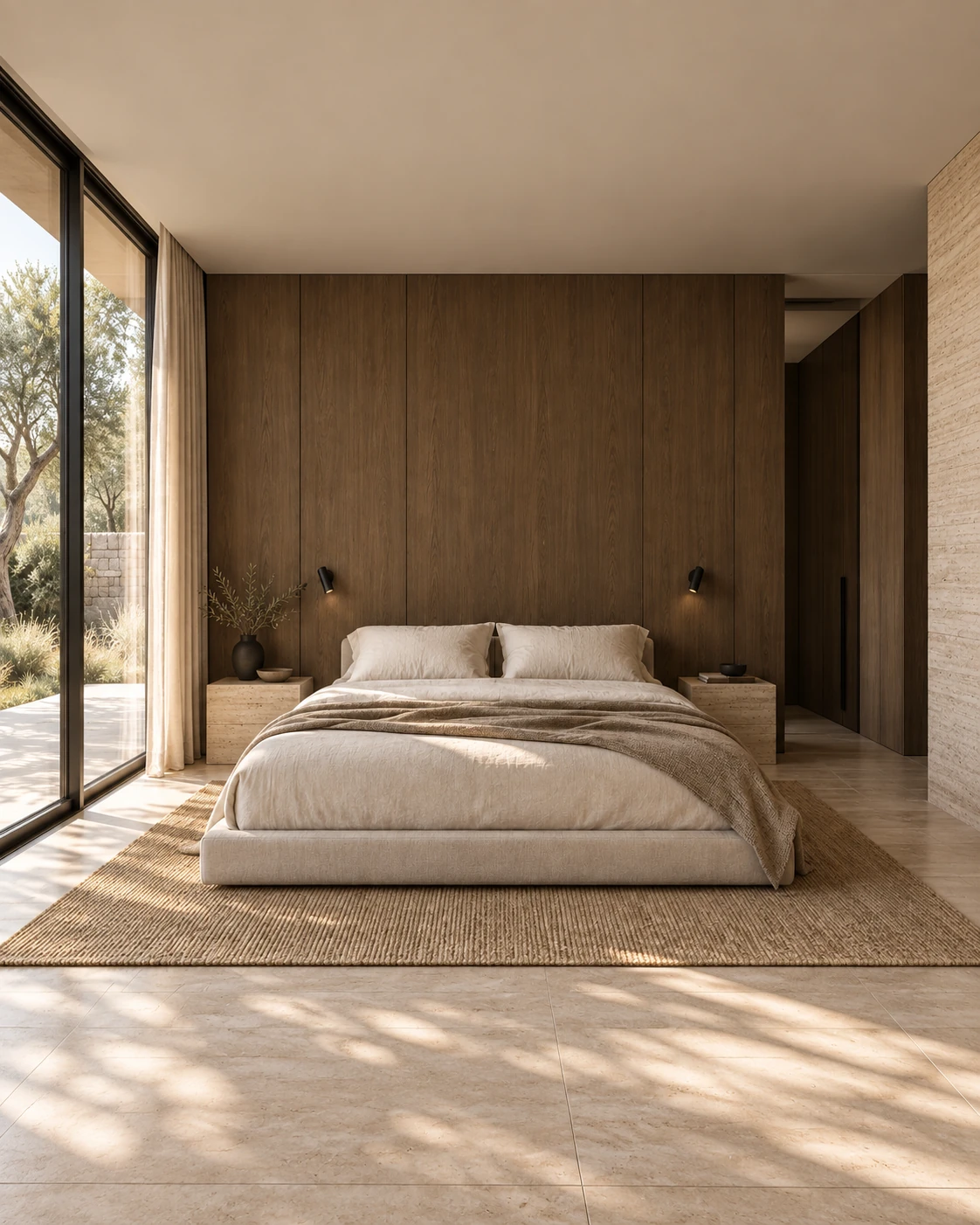 Inspiration chambre : lit en lin ivoire et tête de lit en bois fumé