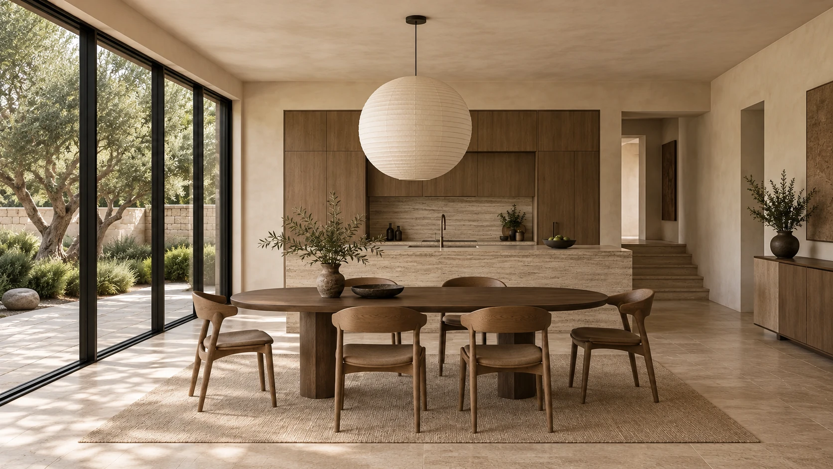 Inspiration salle à manger : chêne fumé, suspension en papier et îlot en pierre