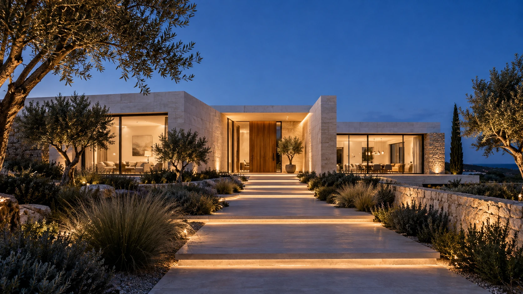 Concept de villa contemporaine au crépuscule, porte d’entrée en bois et chemin lumineux dans le jardin
