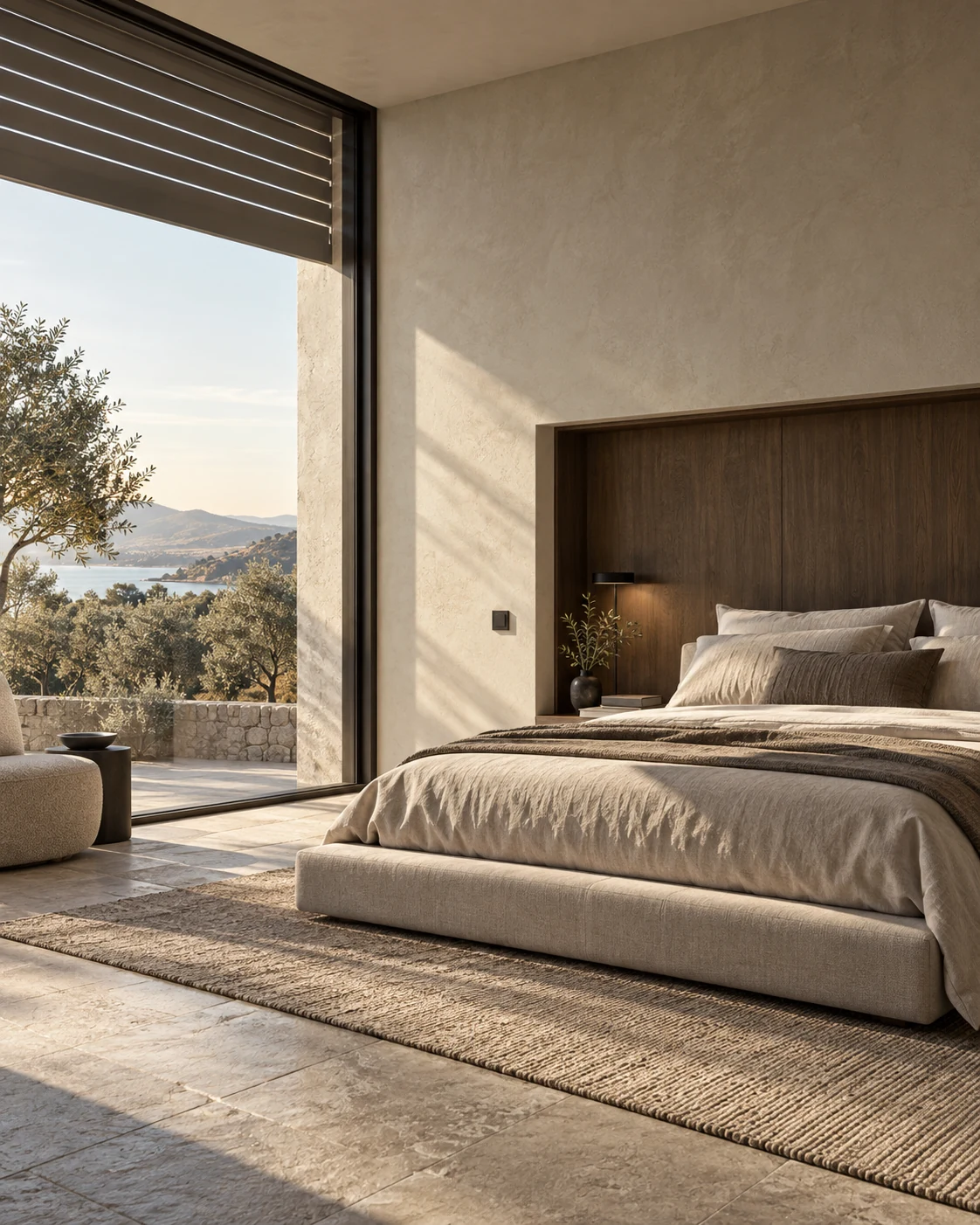 Concept de chambre en pierre claire et chêne, stores relevés et lumière douce du matin